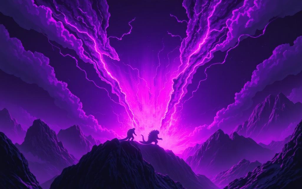 Grieta colosal en el cielo vertiendo energía violeta sobre montañas