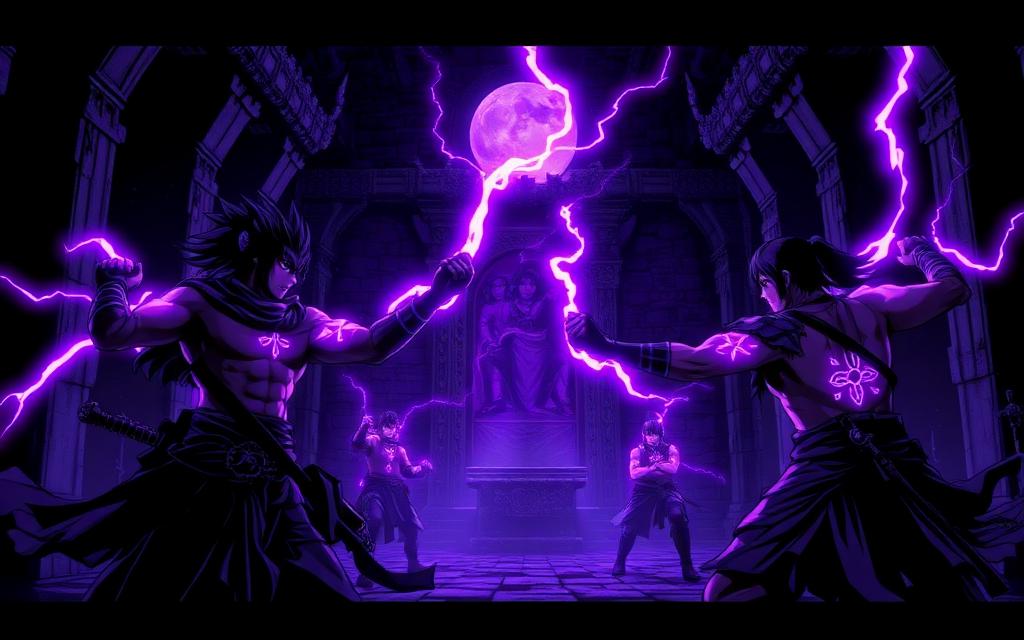 Guerreros entrenando con arco violeta condensándose en sus brazos