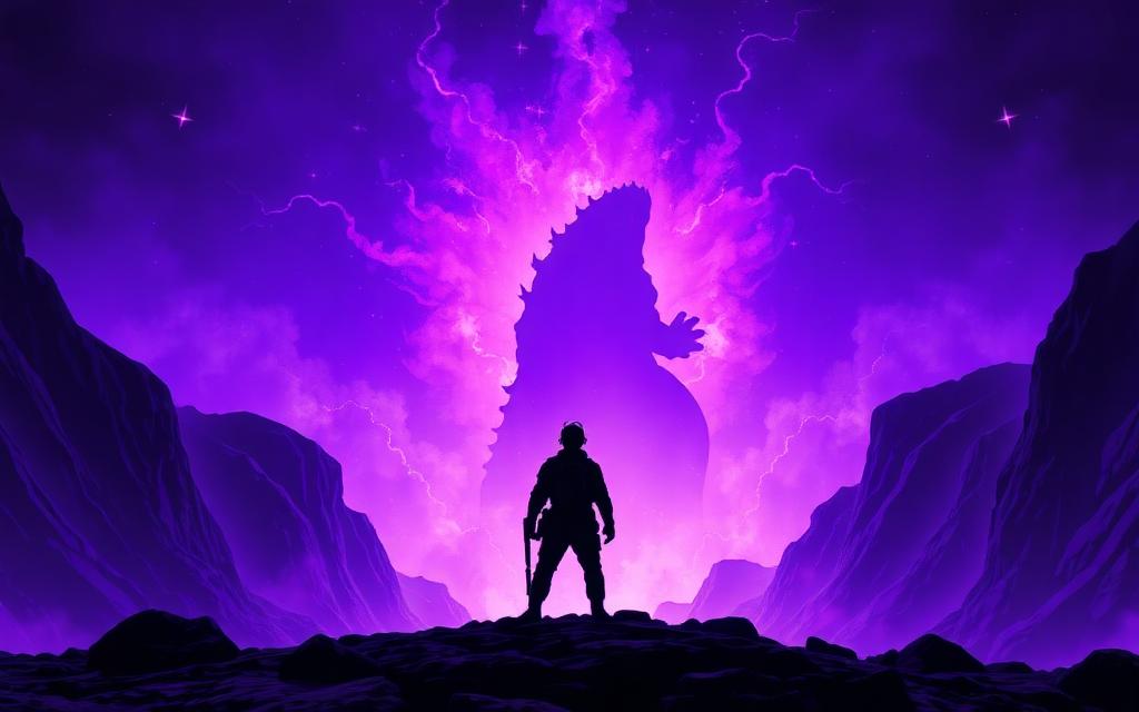 Cazador solitario frente a la silueta gigante de un kaiju
