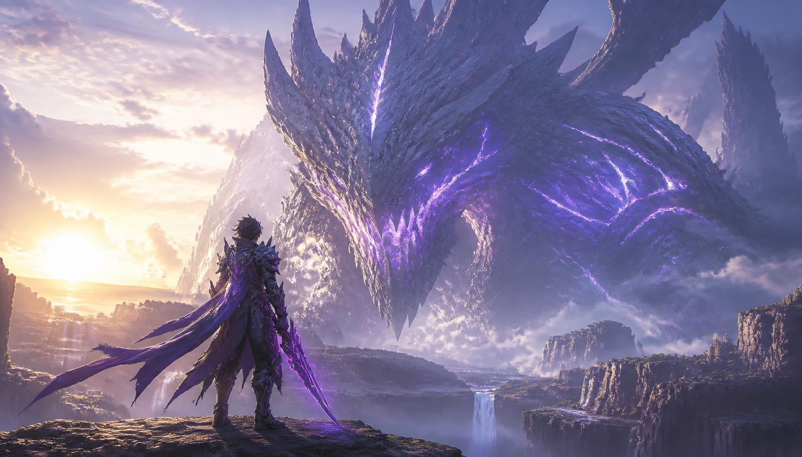 Fotograma del trailer: un portador frente a un kaiju colosal bajo un cielo violeta